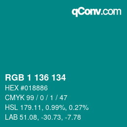 カラーコード: RGB 1 136 134 | qconv.com
