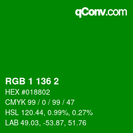 Farbcode: RGB 1 136 2 | qconv.com
