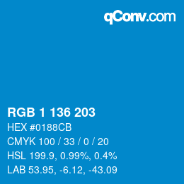 Color code: RGB 1 136 203 | qconv.com