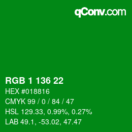 Color code: RGB 1 136 22 | qconv.com