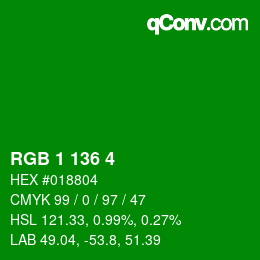 Código de color: RGB 1 136 4 | qconv.com