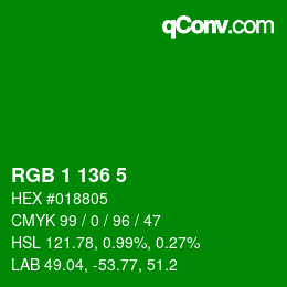 Código de color: RGB 1 136 5 | qconv.com