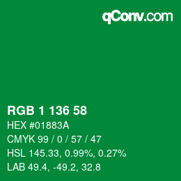 カラーコード: RGB 1 136 58 | qconv.com