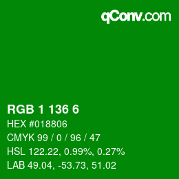 Color code: RGB 1 136 6 | qconv.com