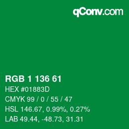 Color code: RGB 1 136 61 | qconv.com