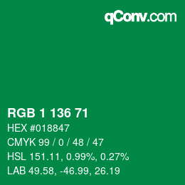 カラーコード: RGB 1 136 71 | qconv.com