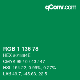 Color code: RGB 1 136 78 | qconv.com