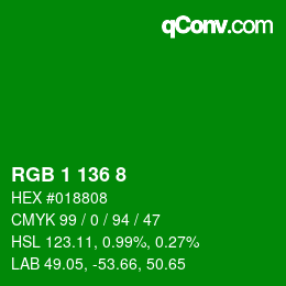 Color code: RGB 1 136 8 | qconv.com