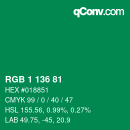 カラーコード: RGB 1 136 81 | qconv.com
