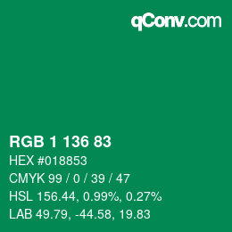 Color code: RGB 1 136 83 | qconv.com