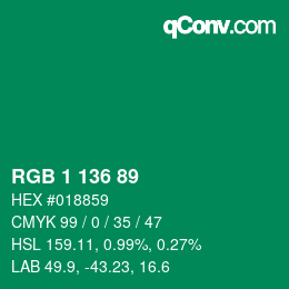 カラーコード: RGB 1 136 89 | qconv.com