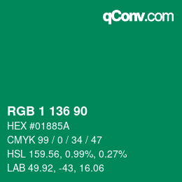 Color code: RGB 1 136 90 | qconv.com