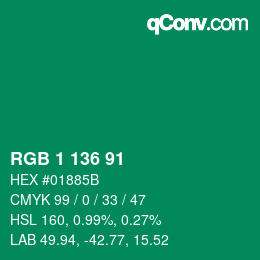 カラーコード: RGB 1 136 91 | qconv.com