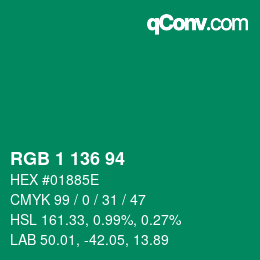 Farbcode: RGB 1 136 94 | qconv.com