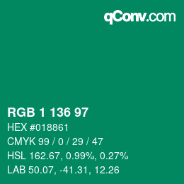 カラーコード: RGB 1 136 97 | qconv.com