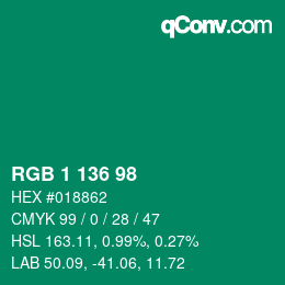 Color code: RGB 1 136 98 | qconv.com