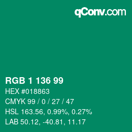 Color code: RGB 1 136 99 | qconv.com