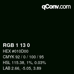 Color code: RGB 1 13 0 | qconv.com