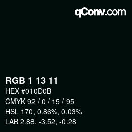 カラーコード: RGB 1 13 11 | qconv.com