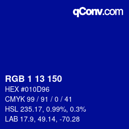 カラーコード: RGB 1 13 150 | qconv.com