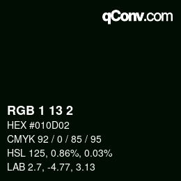 カラーコード: RGB 1 13 2 | qconv.com