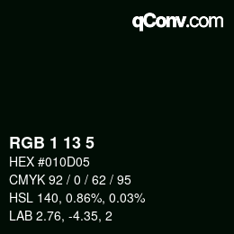 カラーコード: RGB 1 13 5 | qconv.com