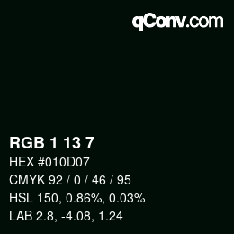 Color code: RGB 1 13 7 | qconv.com