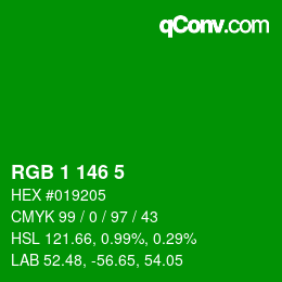 カラーコード: RGB 1 146 5 | qconv.com