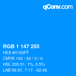 Color code: RGB 1 147 255 | qconv.com