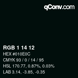 カラーコード: RGB 1 14 12 | qconv.com