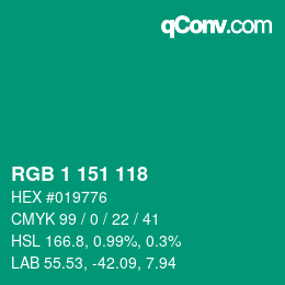 カラーコード: RGB 1 151 118 | qconv.com