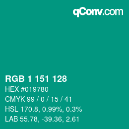 カラーコード: RGB 1 151 128 | qconv.com