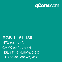カラーコード: RGB 1 151 138 | qconv.com