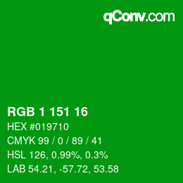 カラーコード: RGB 1 151 16 | qconv.com