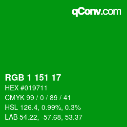 颜色代码: RGB 1 151 17 | qconv.com