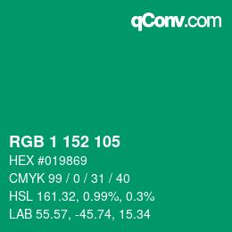 颜色代码: RGB 1 152 105 | qconv.com