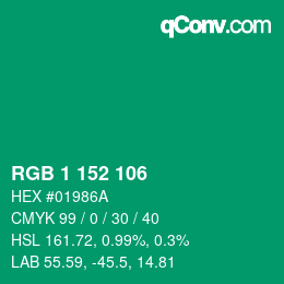 颜色代码: RGB 1 152 106 | qconv.com