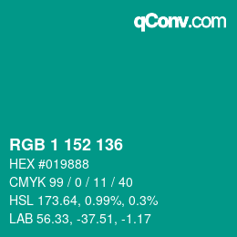 颜色代码: RGB 1 152 136 | qconv.com