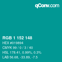 颜色代码: RGB 1 152 148 | qconv.com