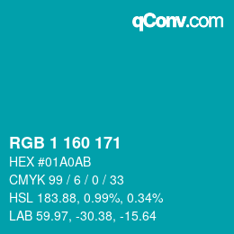 カラーコード: RGB 1 160 171 | qconv.com