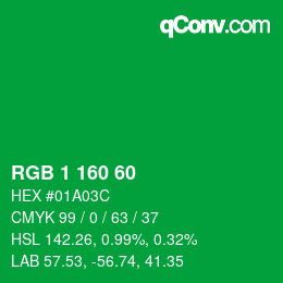 カラーコード: RGB 1 160 60 | qconv.com