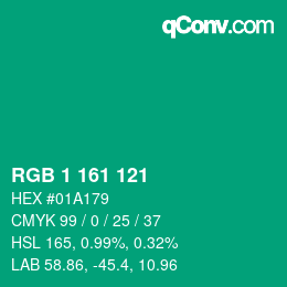 Color code: RGB 1 161 121 | qconv.com