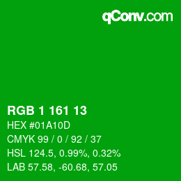 カラーコード: RGB 1 161 13 | qconv.com