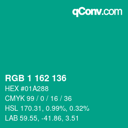 Color code: RGB 1 162 136 | qconv.com