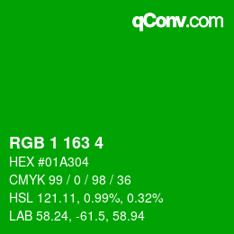 カラーコード: RGB 1 163 4 | qconv.com