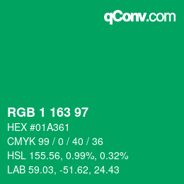 カラーコード: RGB 1 163 97 | qconv.com
