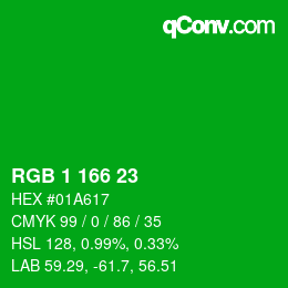 カラーコード: RGB 1 166 23 | qconv.com