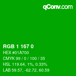 Color code: RGB 1 167 0 | qconv.com