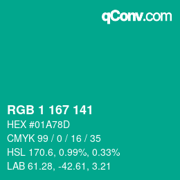 Color code: RGB 1 167 141 | qconv.com
