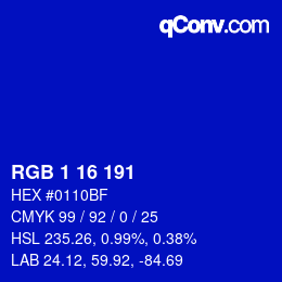 Color code: RGB 1 16 191 | qconv.com